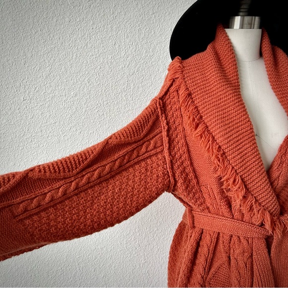 POL FRINGE & FRAYED BURNT SAHARA OVERSIZED BOHEMIAN CHUNKY TRENCH CARDIGAN - Picture 3 of 5